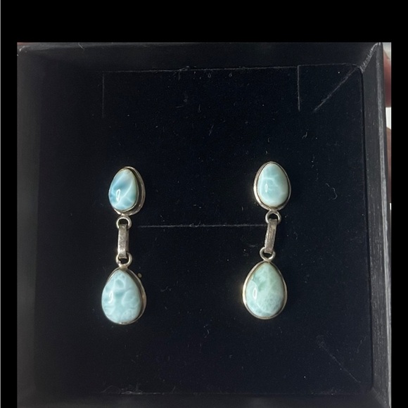 Vintage 925 Silver Larimar Drop Post Earrings - Picture 2 of 2